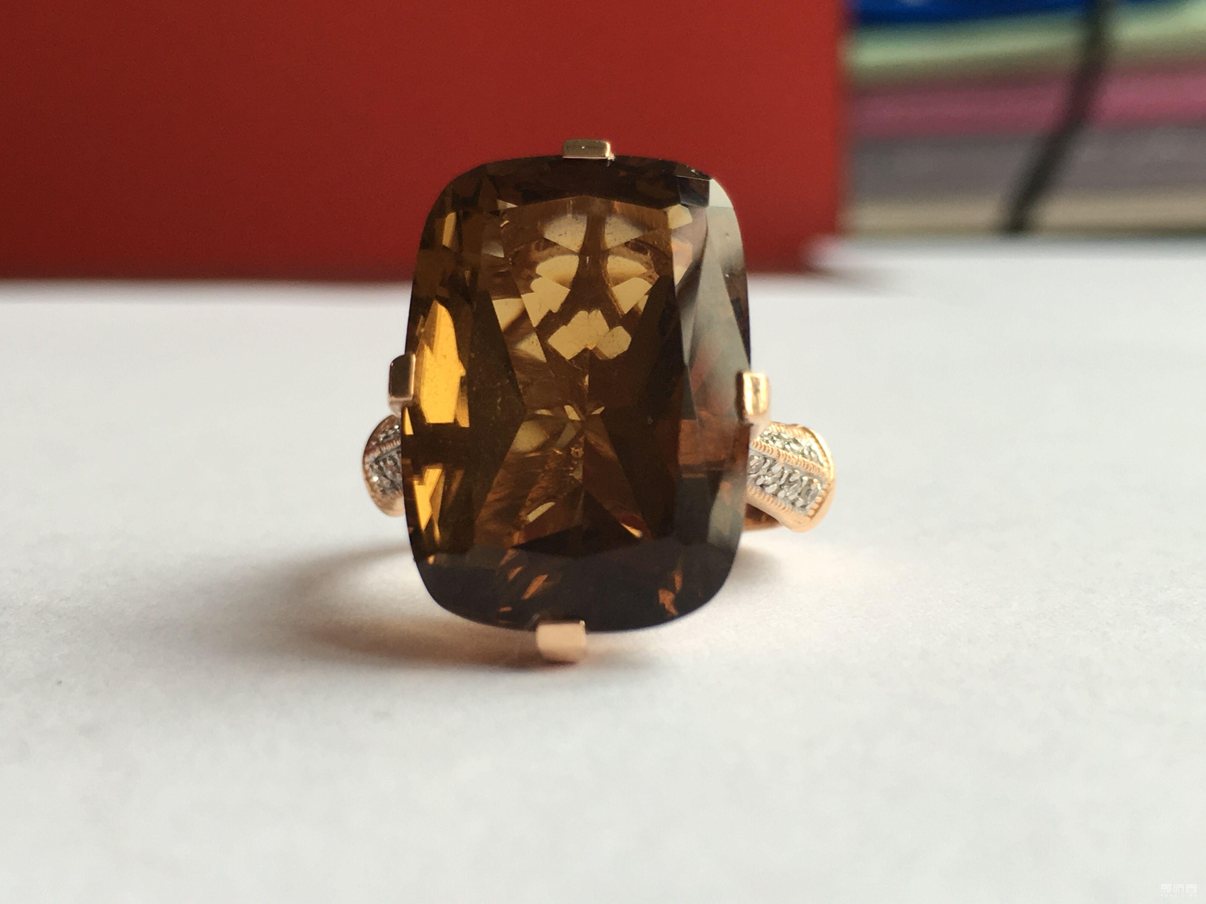 006 14K黃金鑲鑽石茶色水晶戒指